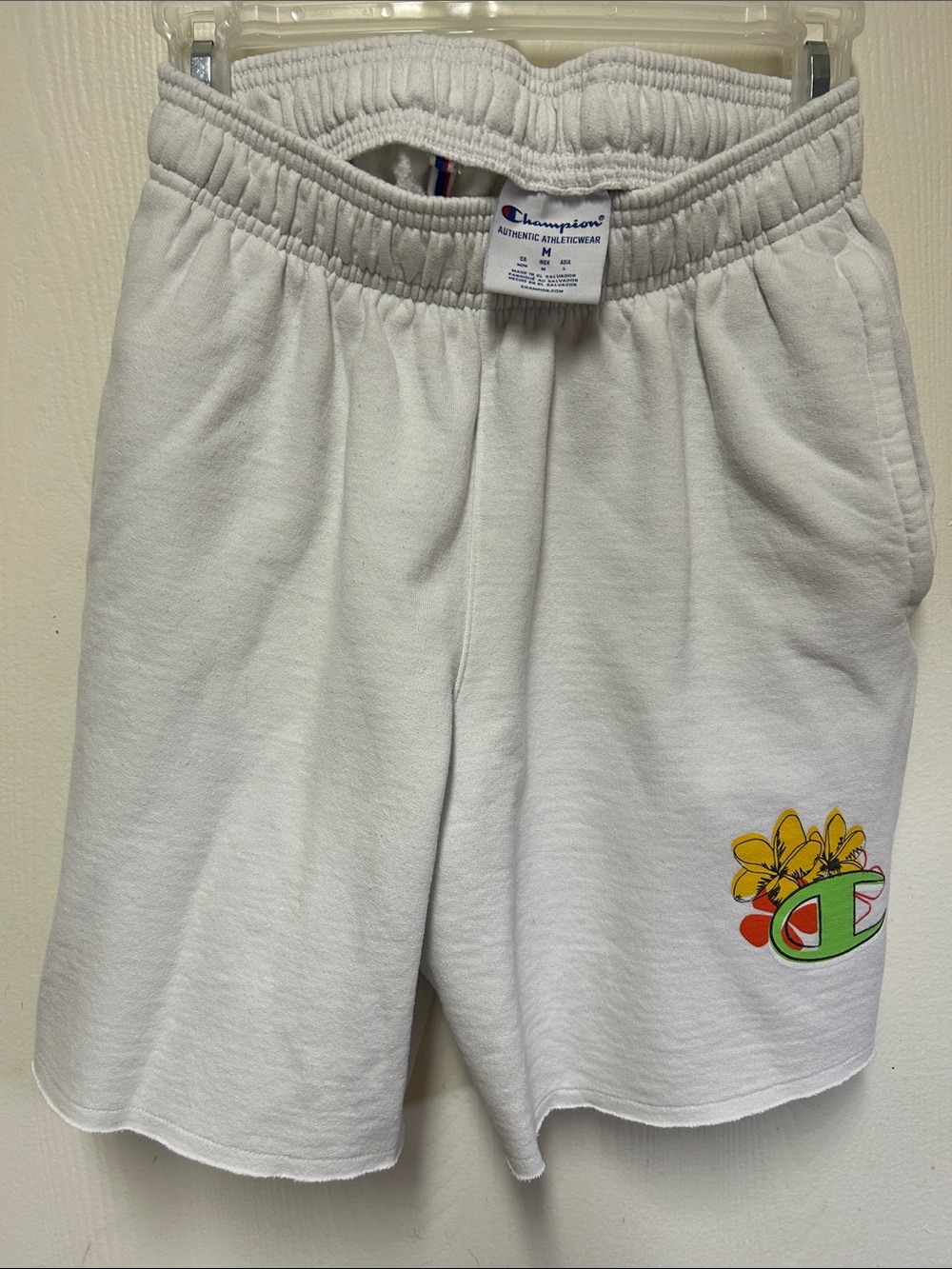 Champion White Athletic Shorts with Yellow & Green Floral Logo